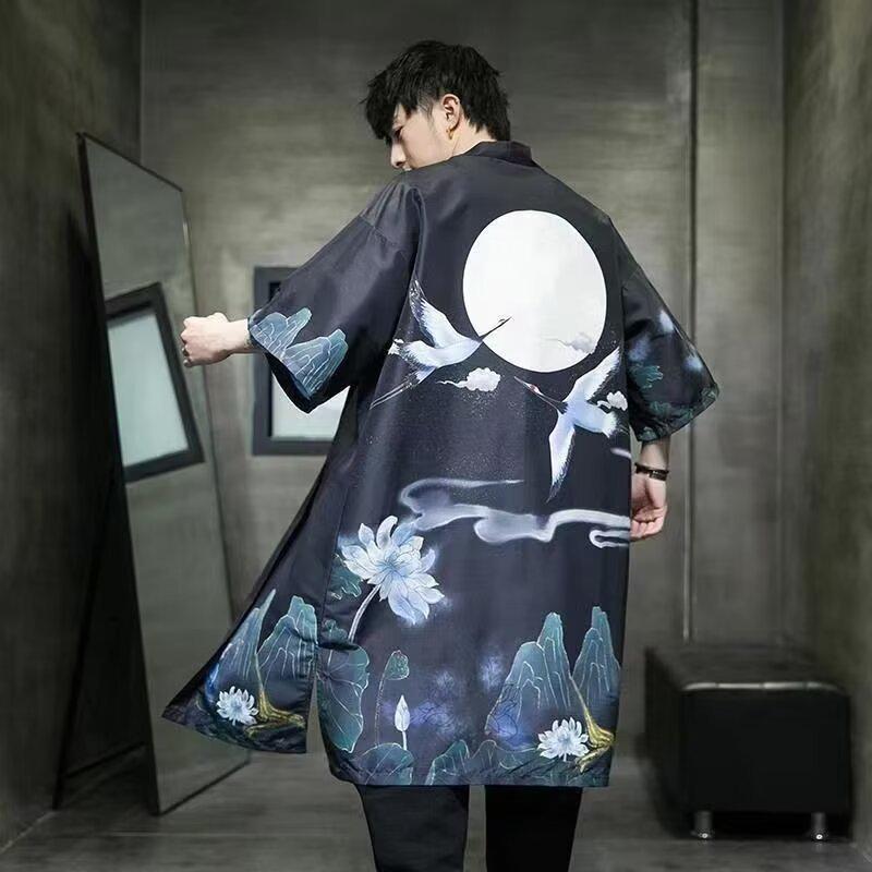 Men's Summer Jacket: Medium/Long Shirt, Loose Large Size Cardigan, Sun Protection, Chinese Style Crane Robe Cape