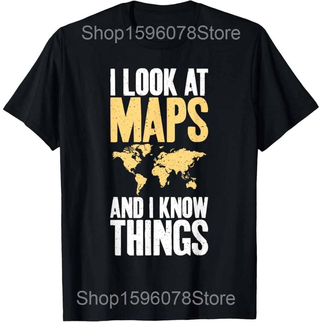 Easily Distracted By Maps Funny Geography Teacher T Shirts Unisex Streetwear Tee Shirt Short Sleeve Unisex Loose Clothing