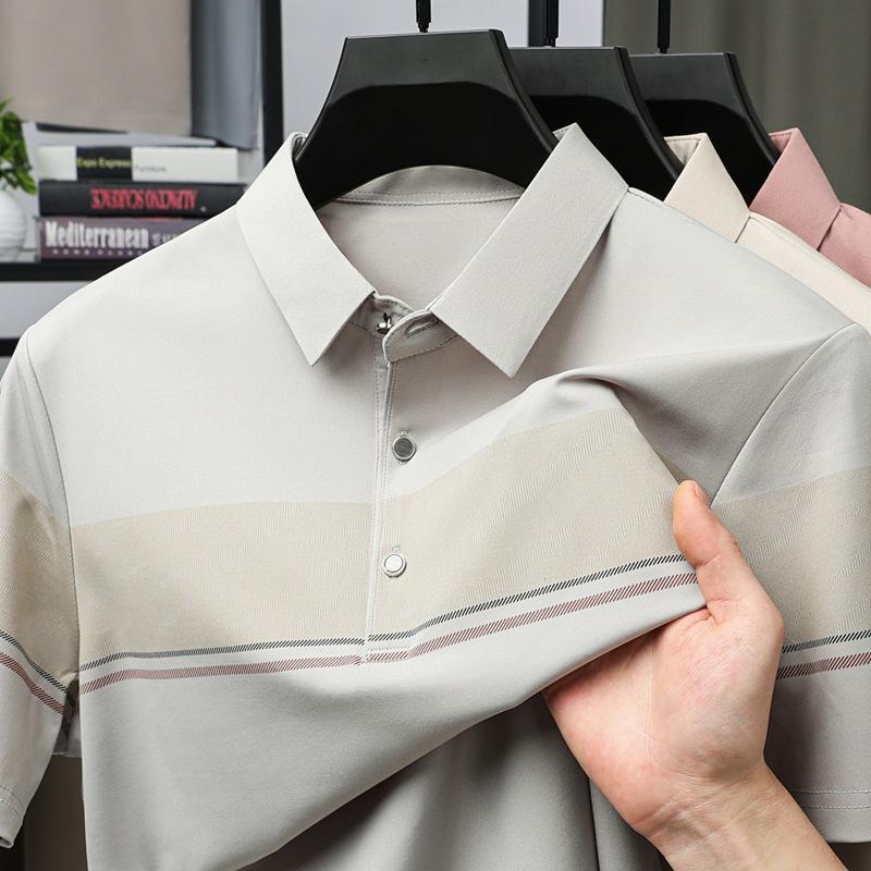 Ice Silk Short Sleeved T-shirt for Men In Summer Thin Fashionable Breathable Striped and Collared Polo Shirt