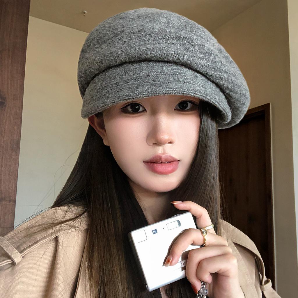 Wool knitted short-brimmed beret women's autumn and winter fashion warm big head circumference pile hat painter newsboy hat