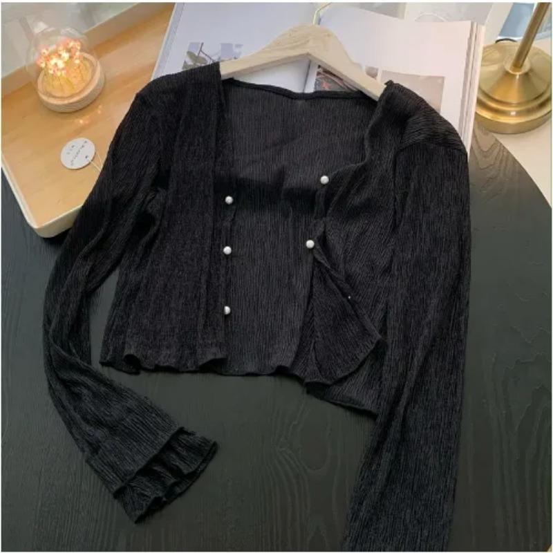 Cardigan de vară pentru femei, din șifon transparent, cu nasturi, cu mânecă lungă, crop top