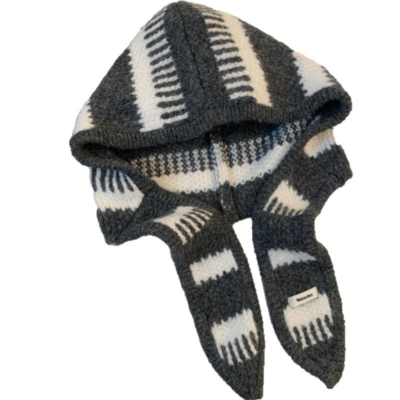 Ins Wind Black and White Striped Balaclava Hat Women's Winter Wool Warm Ear Protector Knitted Hat Scarf