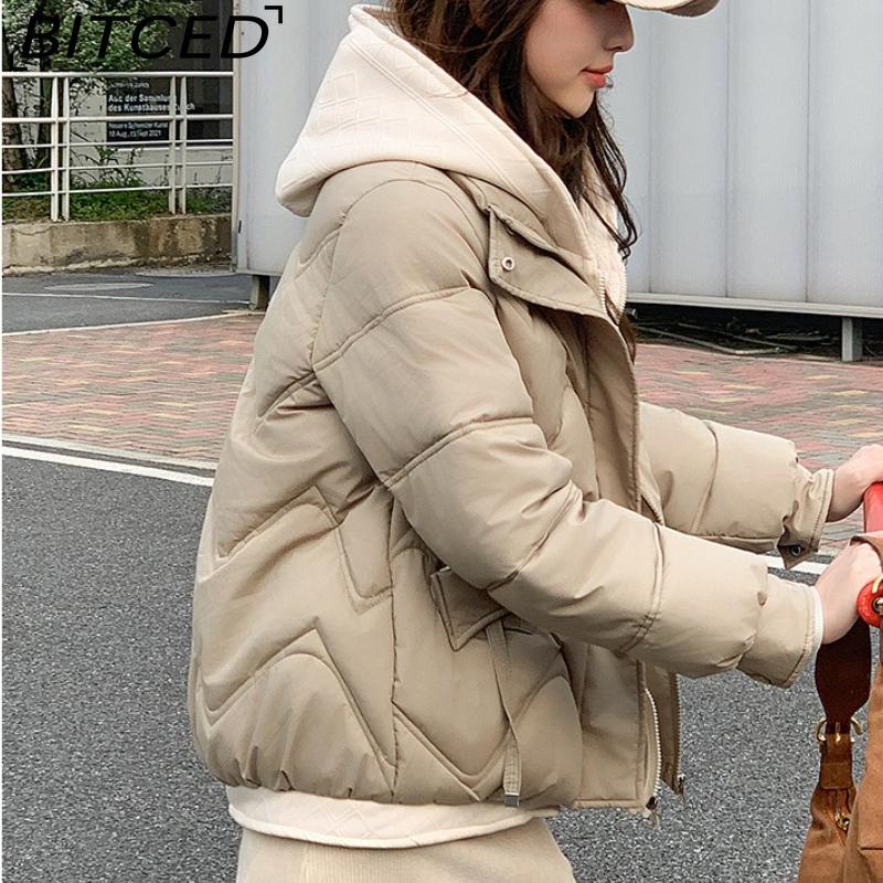 BITCED Winter Cropped Pseudo-Two-Piece Women's Student Cotton Coat Loose-Fit Compact Style Hooded Thickened Cotton Jacket