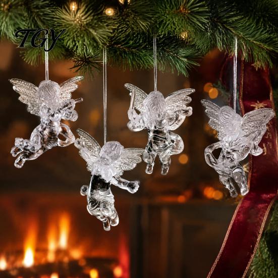 Festive Showcase Hanging Ornaments 4Pcs Winged Angel Ornaments, Clear Figurines, Holiday Party Decor Christmas Tree Decor, Seasonal Home Supplies
