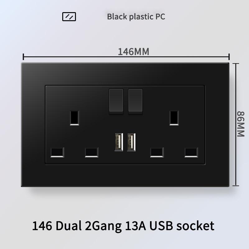 13A British Standard Socket with USB & Type-C Fast Charging, Light Switch, Black Panel for Hong Kong & Macau