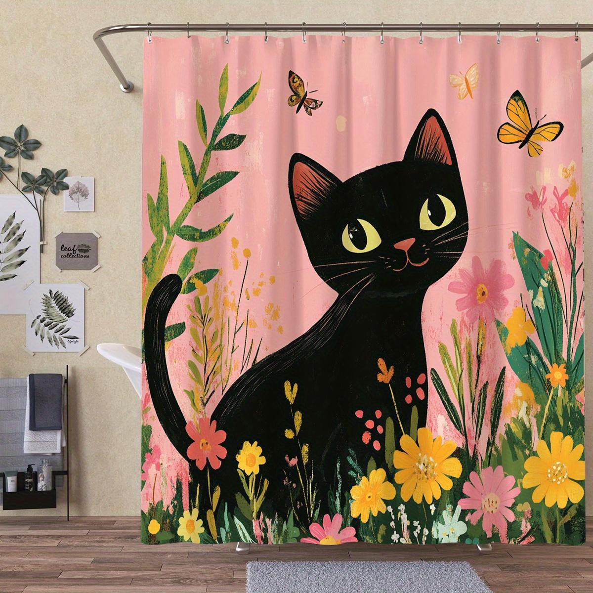 1 Chic Black Cat Floral Shower Curtain - Polyester with hooks, Vivid pink background with colorful flowers and butterflies 90X180cm