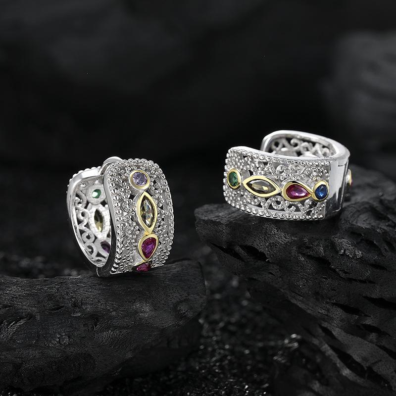 S925 Sterling Silver Retro Court Lace Colored Zirconium Open Ring Girl Niche Design High-End Simple Ring