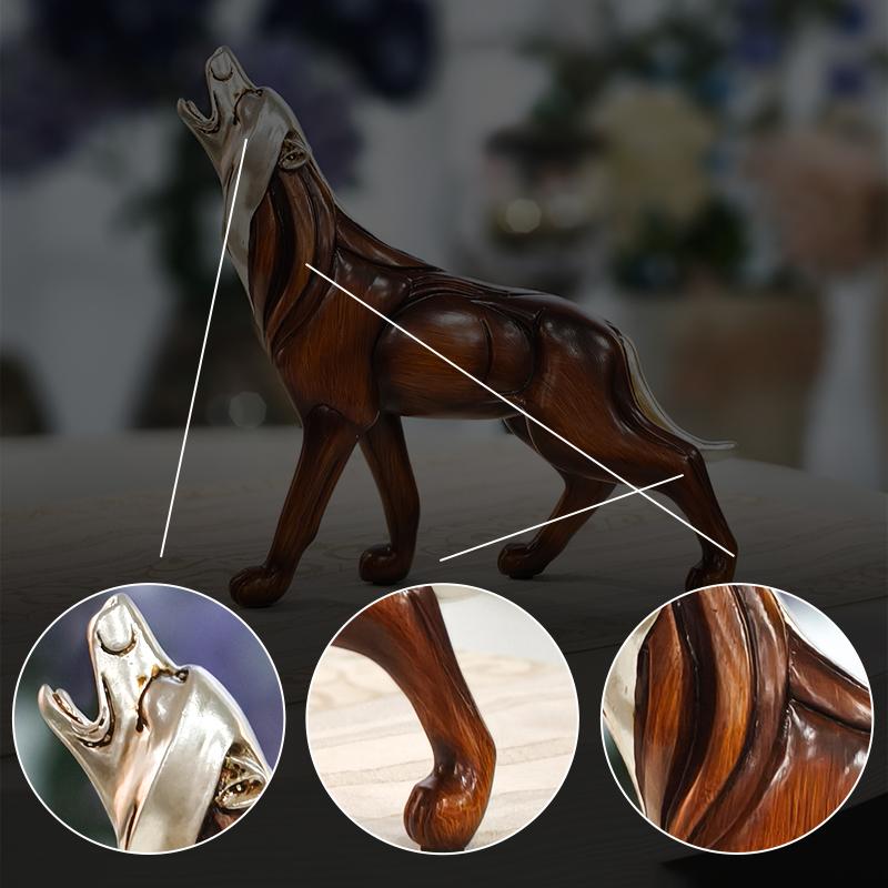 Wood Grain Howling Wolf Resin Lifelike Animal Sculpture for Home, Bedroom, Living Room, Study, and Office Desk Decoration