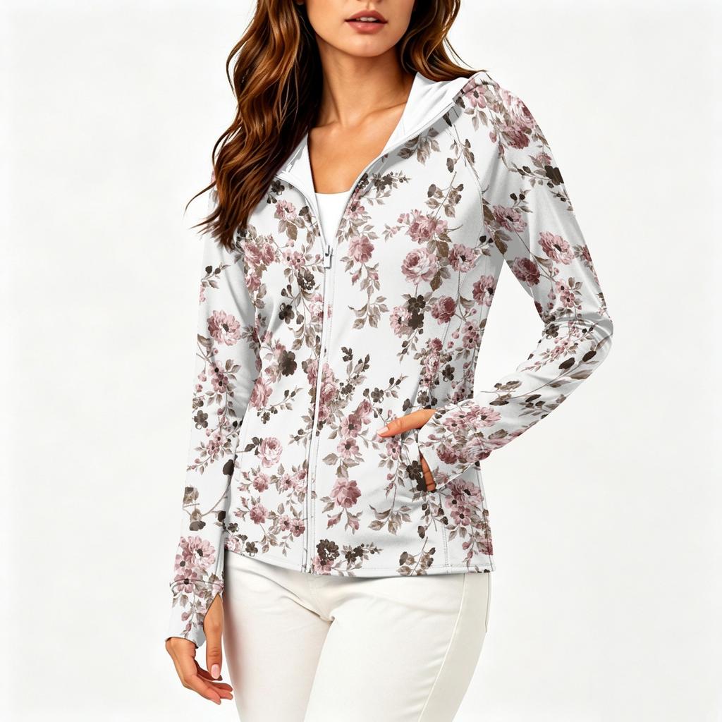 Chaqueta Ligera con Cremallera y Capucha para Mujer, Manga Larga, Estampado Floral, Protección Solar, Ropa Exterior con Bolsillos