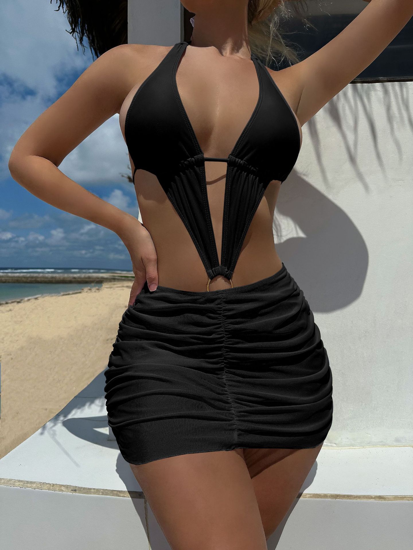 European and American sexy hollow one-piece solid color two-piece swimsuit swimsuit bikini bikini S