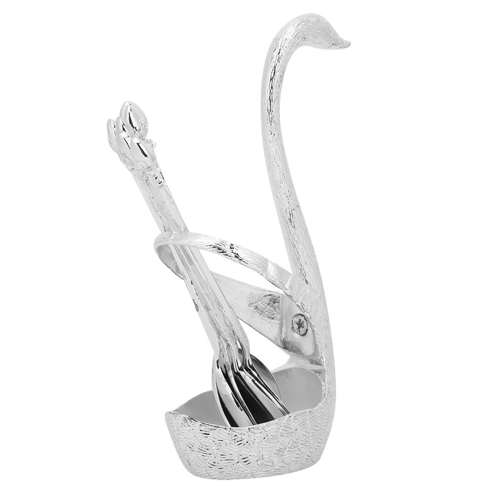 Zinc Alloy Swan‑Shaped Bracket Fruit Dessert Spoons Set Kitchen Tableware Wedding Supplies(Silver 6 Spoons )