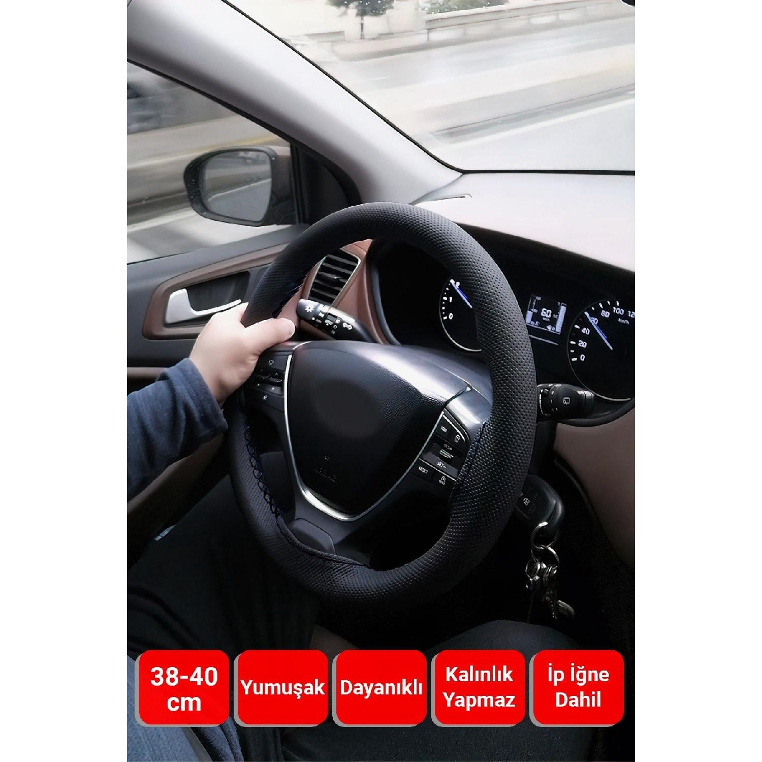 

Car Steering Wheel Cover Dotted Black Leather Black Stitching чёрный