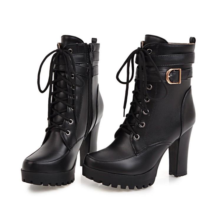 Women's Chunky Heel Waterproof Platform Martin Boots with Belt Buckle and Lace-up Design