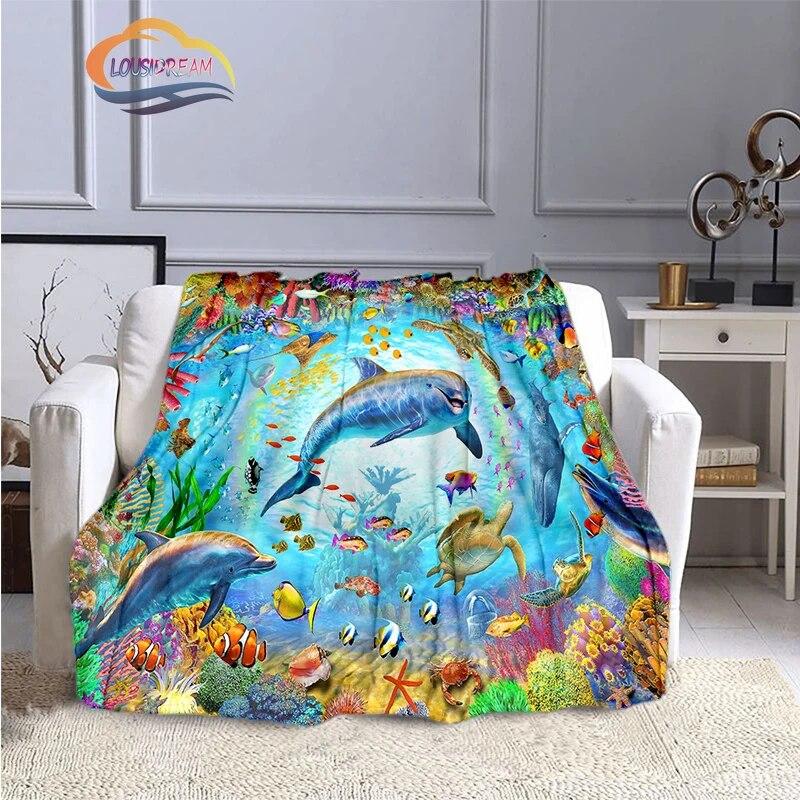 Marine Life Blanket Fashion Marine Organism Oceanic Dolphins Flannel Quilt Cover Travel Bedding Throw Bedspread