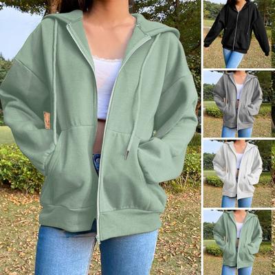 Manteau d'automne et d'hiver pour femme, couleur unie, poches zippées amples, manches longues, cordon de serrage, capuche élastique