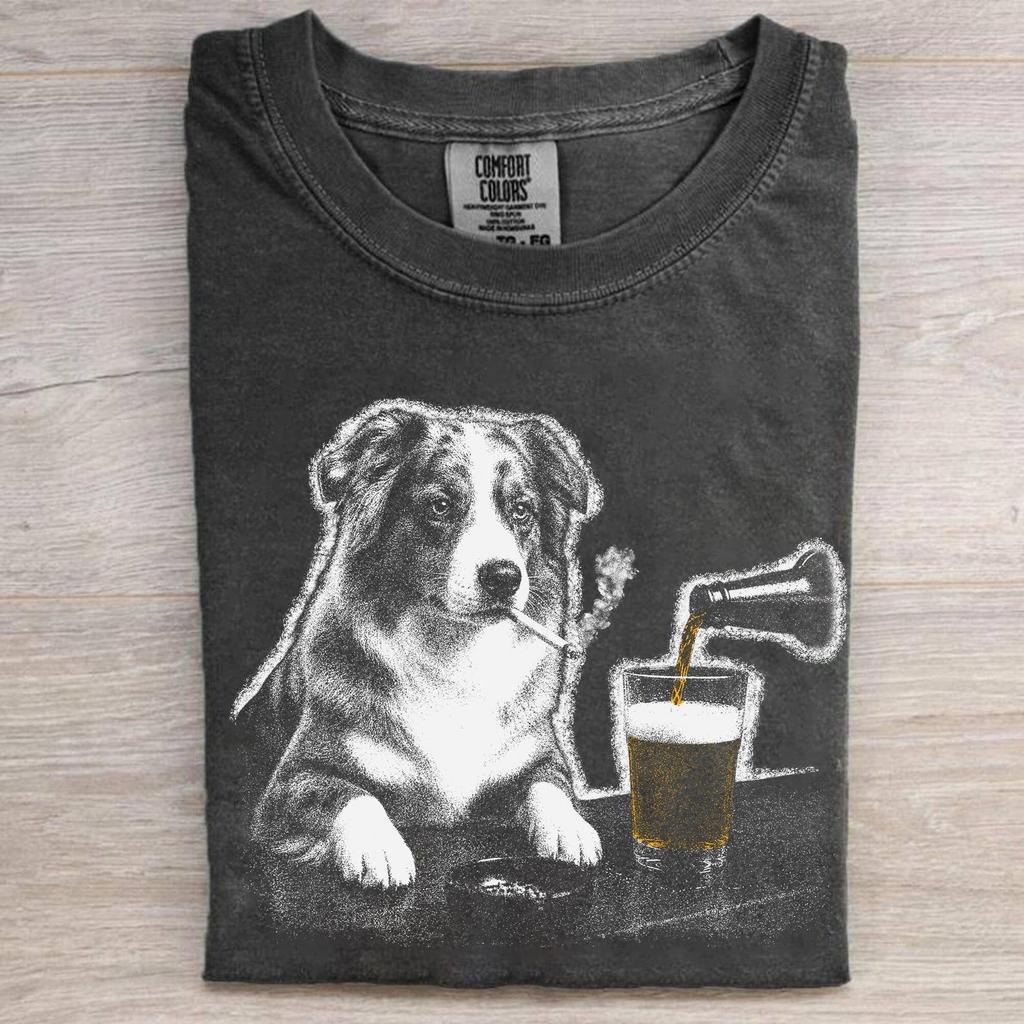 Comfort Colors Australian Shepherd Drinking Beer Shirt, Funny Animal Graphic Tee, Silly Sarcastic Aussie Novelty Meme Tee, Dog Lover Gift