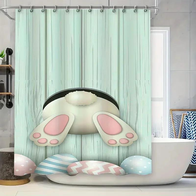 Cute Easter Bunny And Eggs Design Waterproof Shower Curtain Heat Resistant Machine Washable Non-Transparent 180X180Cm
