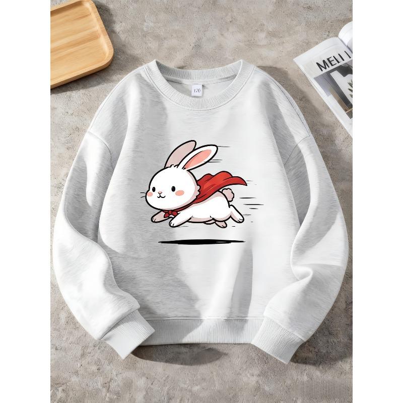Kids Unisex Crewneck Sweatshirt, Cute Flying Super Bunny Red Cape Cartoon Print Long Sleeve Pullover, Soft Sweatshirt for Boys Girls Over 4 Years Old