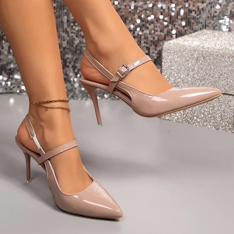 Fashion Elegant Summer Slingback Sandals for Women Pointed Toe Stiletto Heel Banquet Dress Shoes Woman Patent Leather High Heels Pumps