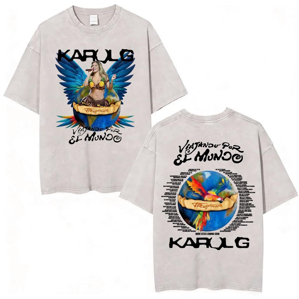 Karol G Tropicoqueta Tour New Album Vintage Washed T Shirts Men Women Fashion Aesthetic Tshirt Casual Cotton Loose T Shirt