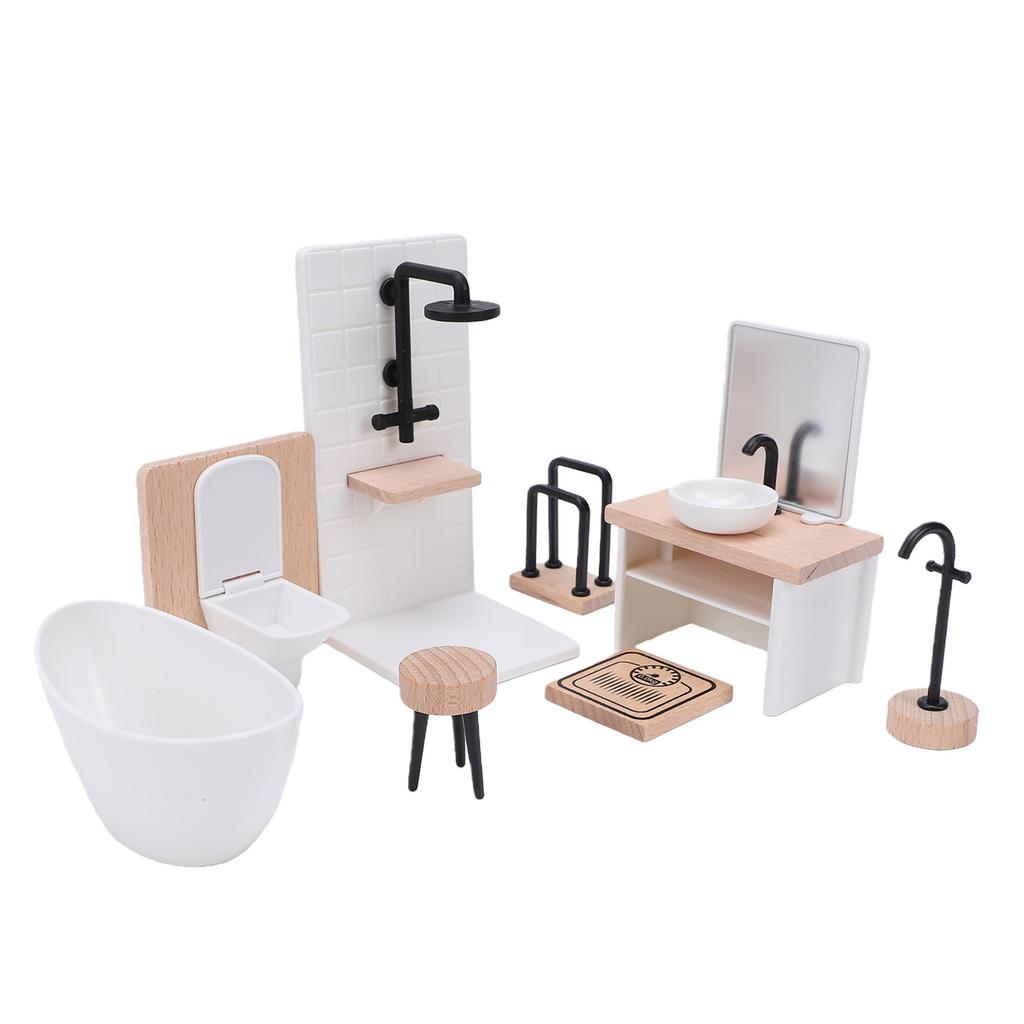 1:12 Scale Miniature Dollhouse Bathroom Set Mini Shower Room Toilet Sink Bathtub Stool Faucet Furniture Accessories
