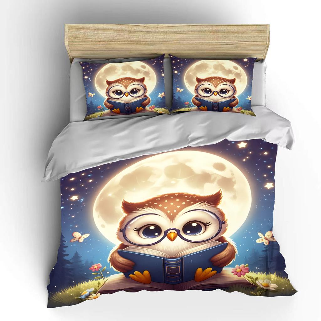 Owl Reading Under Full Moon Bedding Set For Kids Luxury Gift 3Pcs Digital Print Comforter Set Soft Comfortable Breathable