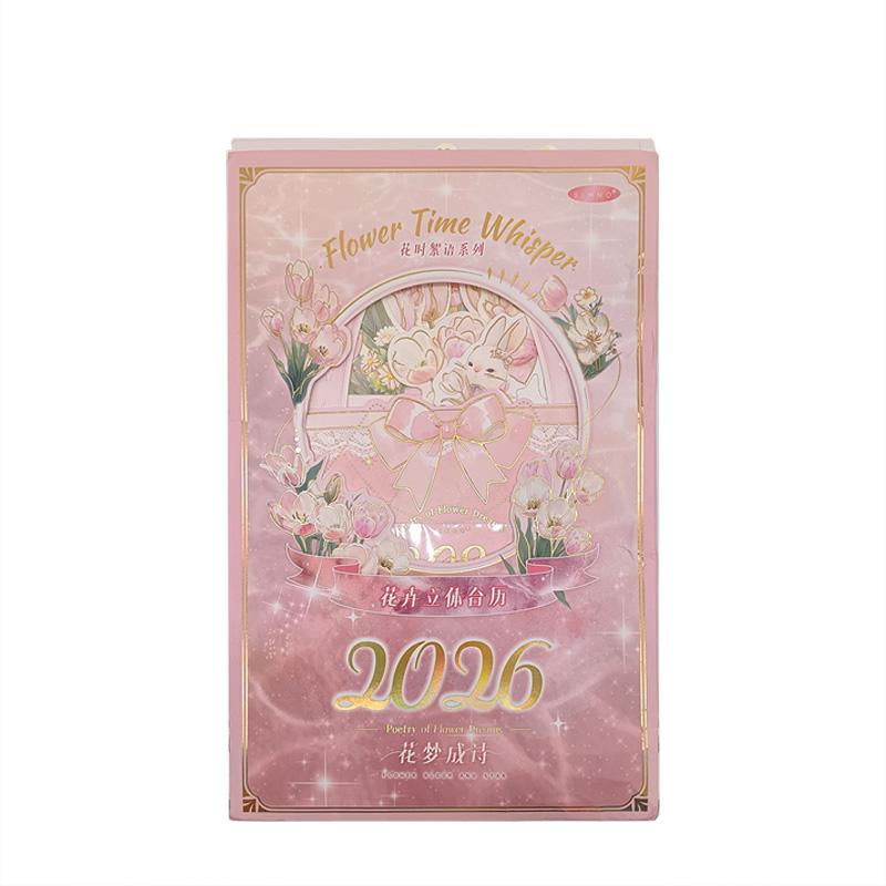 

1pc 2026 Flower Time Whispers Series Exquisite Bloomy Flower Desk Calendar With Wooden Stand Office School Supplies