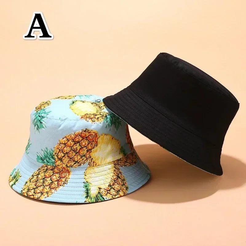 Fashion Summer Double-sided Wear Pineapple Fisherman Hat Unisex Fruit Print Fisherman Cap Leisure Packable Reversible Sun Hats