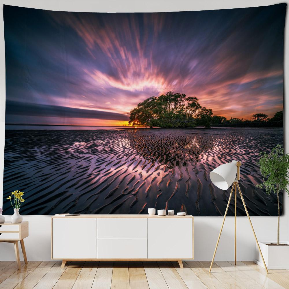 Beach landscape tapestry, coconut tree, sunrise, wall hanging poster, home wall decoration background cloth, living room bedroom