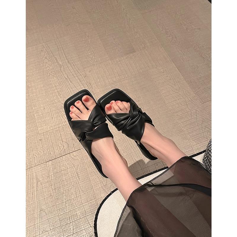 Sheepskin version~ Genuine leather simple outer wear pleated knots flat bottom cloud one-word slippers women's beach cool slippers