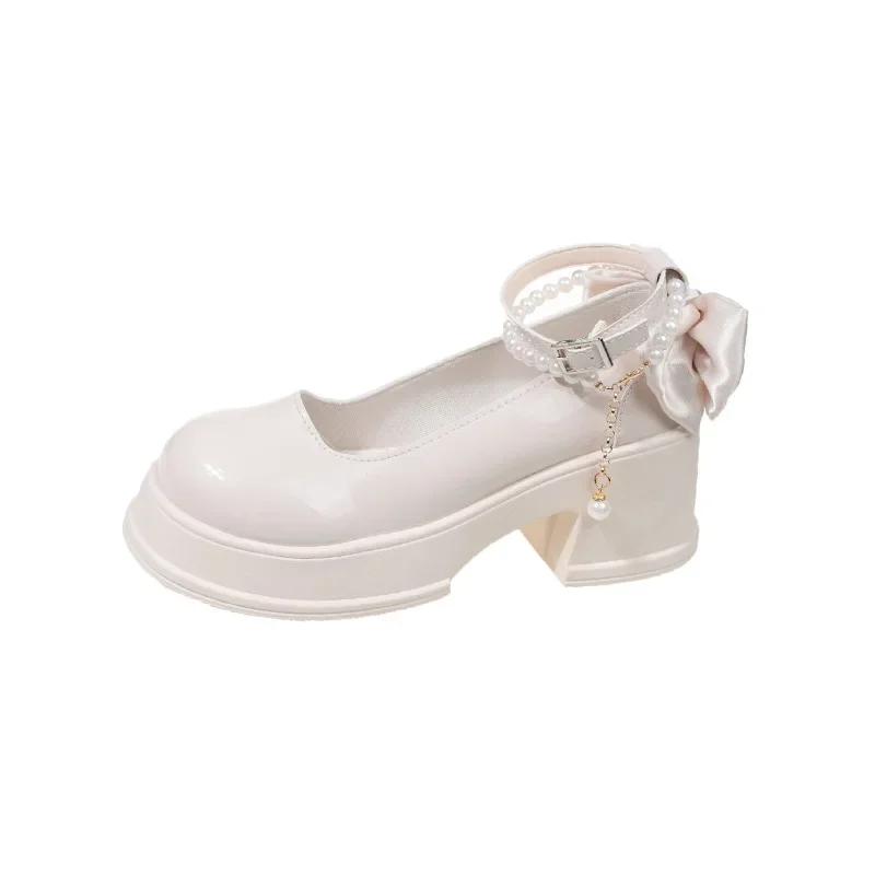 Mode Frühling/Sommer High Heels Schuhe Lolita Röcke Schleife Perlenschnallen Mary Jane Damenschuhe Bankett Casual für Frauen 2025