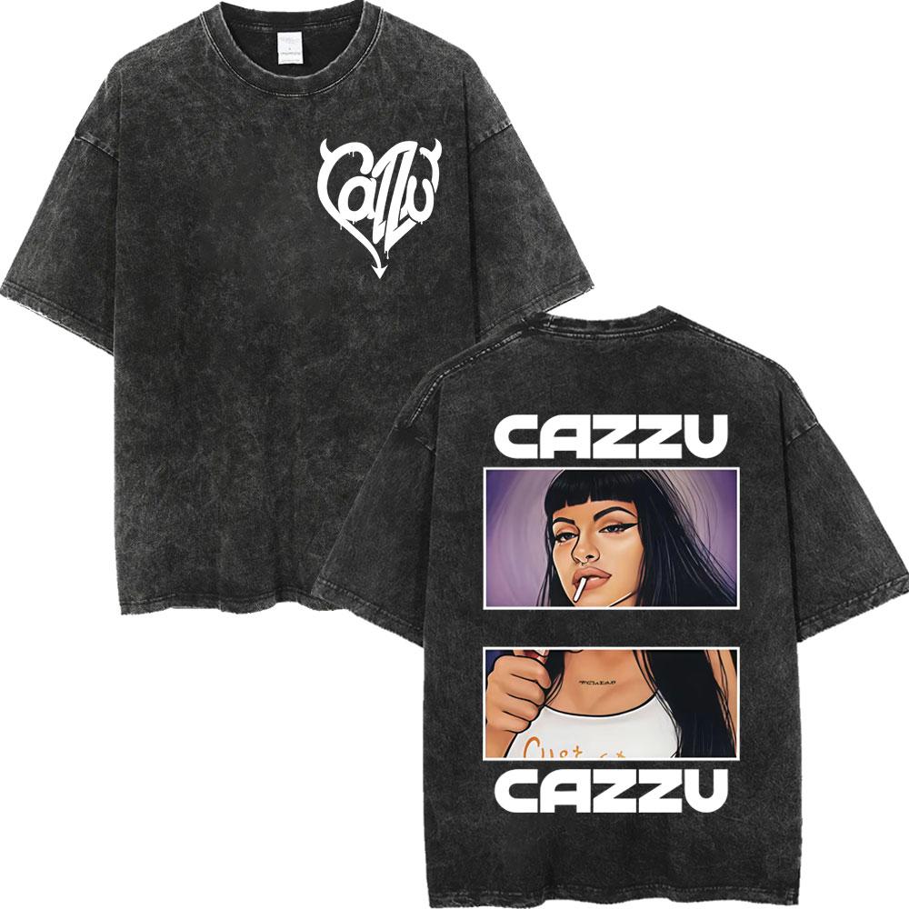 Vintage Washed Cazzu Latinaje Tour  Merch Tshirts Men Women Fashion Aesthetic Tshirt Summer Casual Loose Cotton T Shirts
