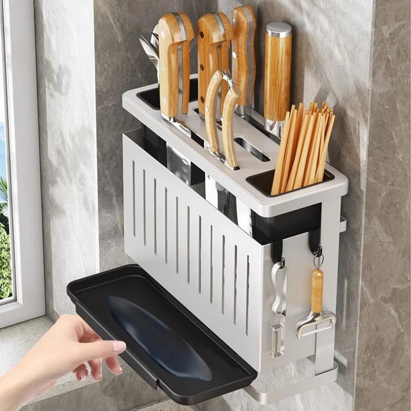 Food Prep Area Storage Rack Wall-Mounted Multifunctional Storage Knife Rack Detachable Steel With Multiple Brackets And Hooks