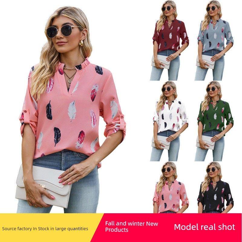 

2025 Women s V-neck Feather Printed Loose Shirt Black XL