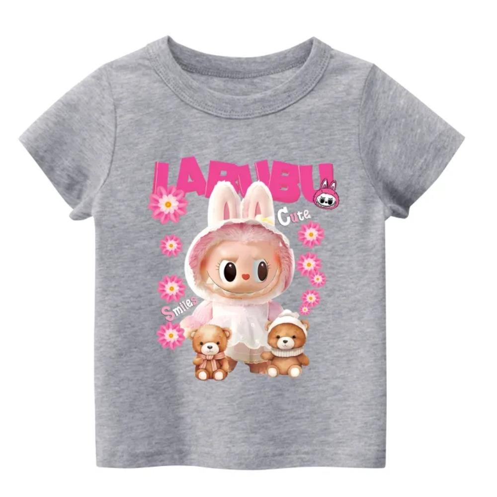 2025 New Children's T-shirt with Teddy Bear and LABUBU Printed Round Neck Short Sleeved Casual Girls' Top