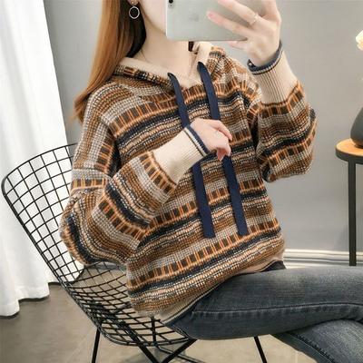 Svetr pro ženy Podzim Zima Zesílený Pulovr Teplý Pletený Pruhovaný Retro S Kapucí Pružný Dlouhý Rukáv Oversize Svetrové Topy