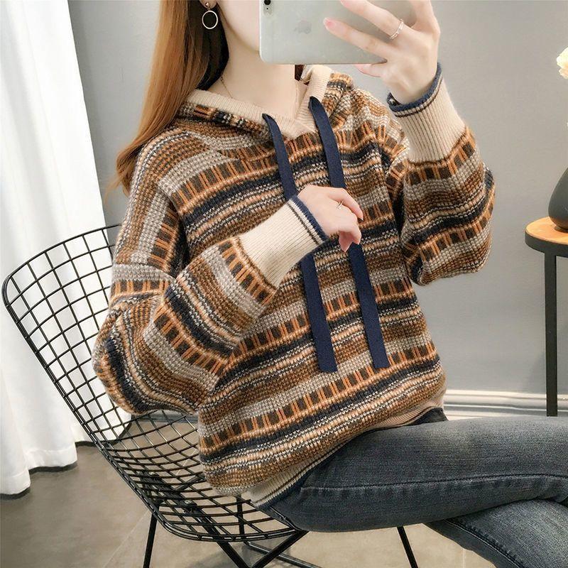 Sweater for Women Autumn Winter Thickened Pullover Warm Knitted Striped Retro Hooded Stretchy Long Sleeve Oversize Jumper Tops