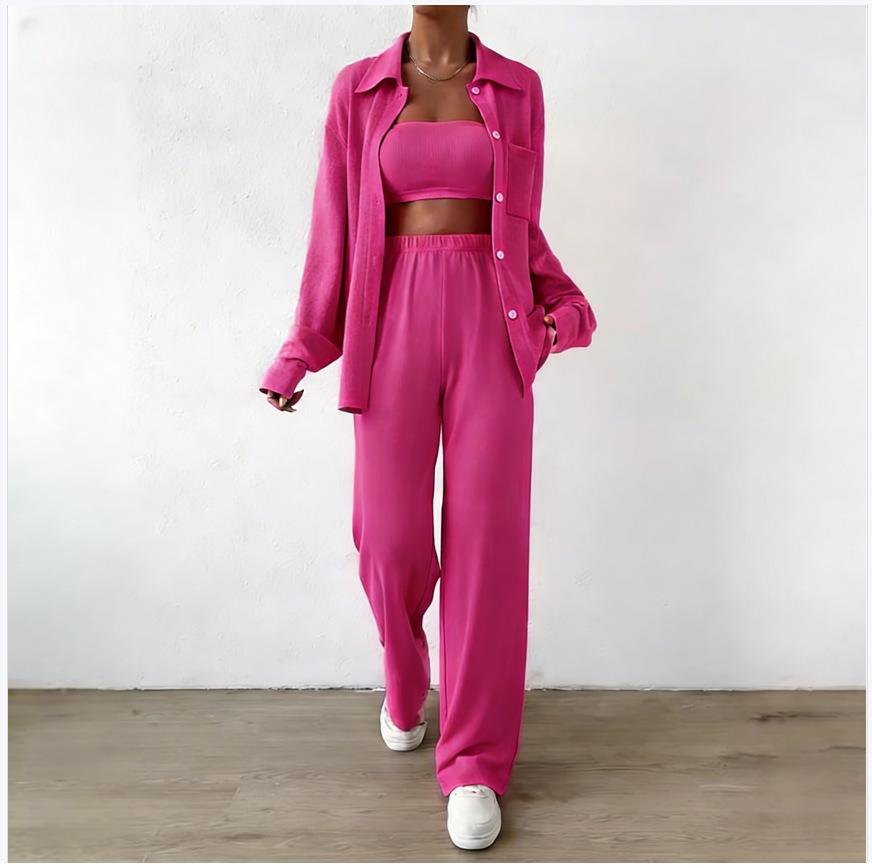 

2025 Women s Solid Color Two-Piece Set: Casual Spring/Summer Wide-Leg Pants & Top 2XL розы красного