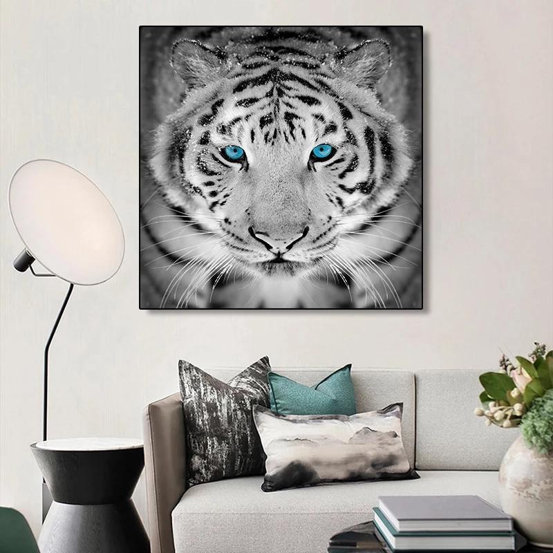 Black and White Tiger with Blue Eyes Canvas Paintings Wild Animal Posters Prints Wall Art Pictures for Living Room Decor Cuadros