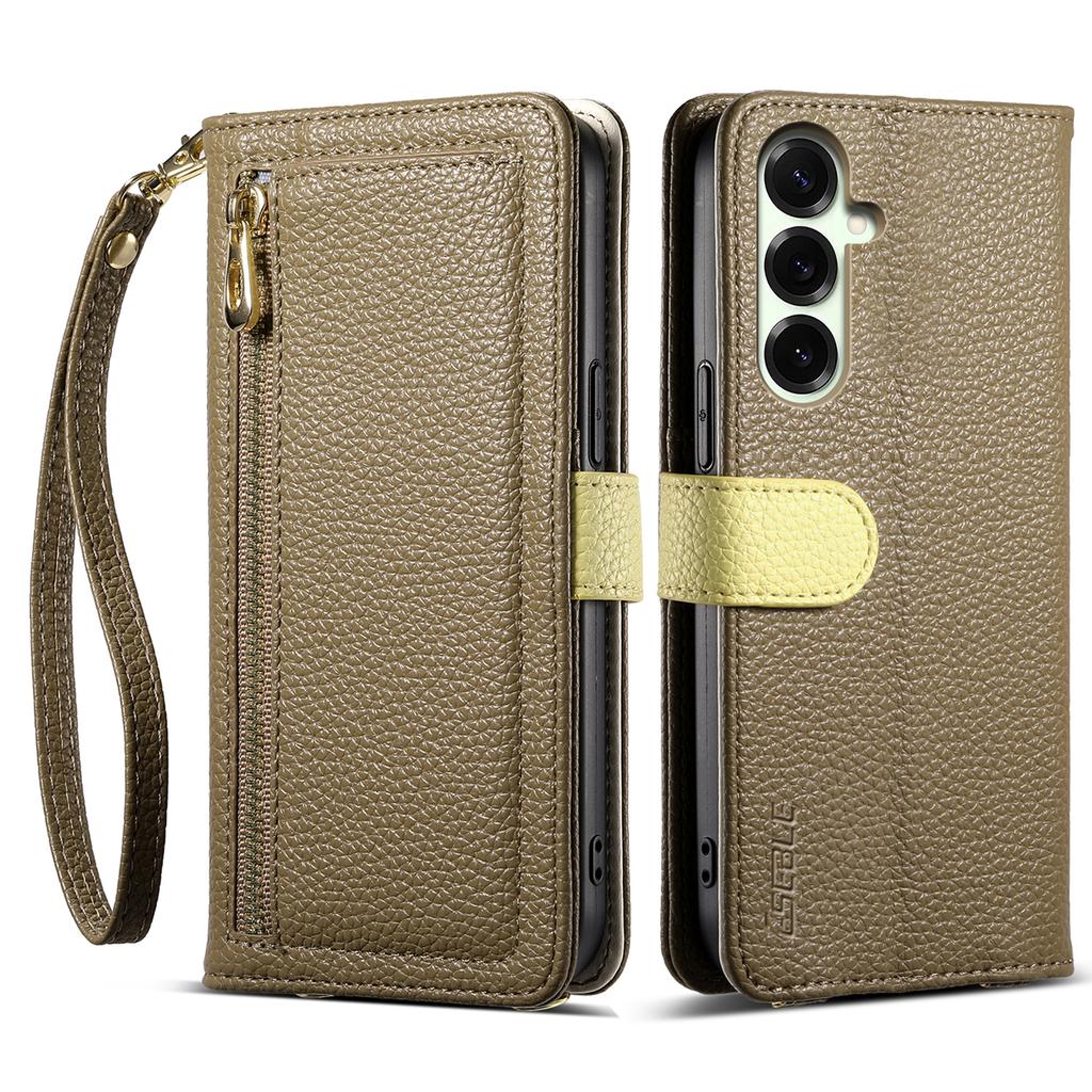 ESEBLE E11 For Samsung Galaxy S25 Case Zipper Pocket Litchi Texture Leather Phone Cover with Mirror and Wrist Strap