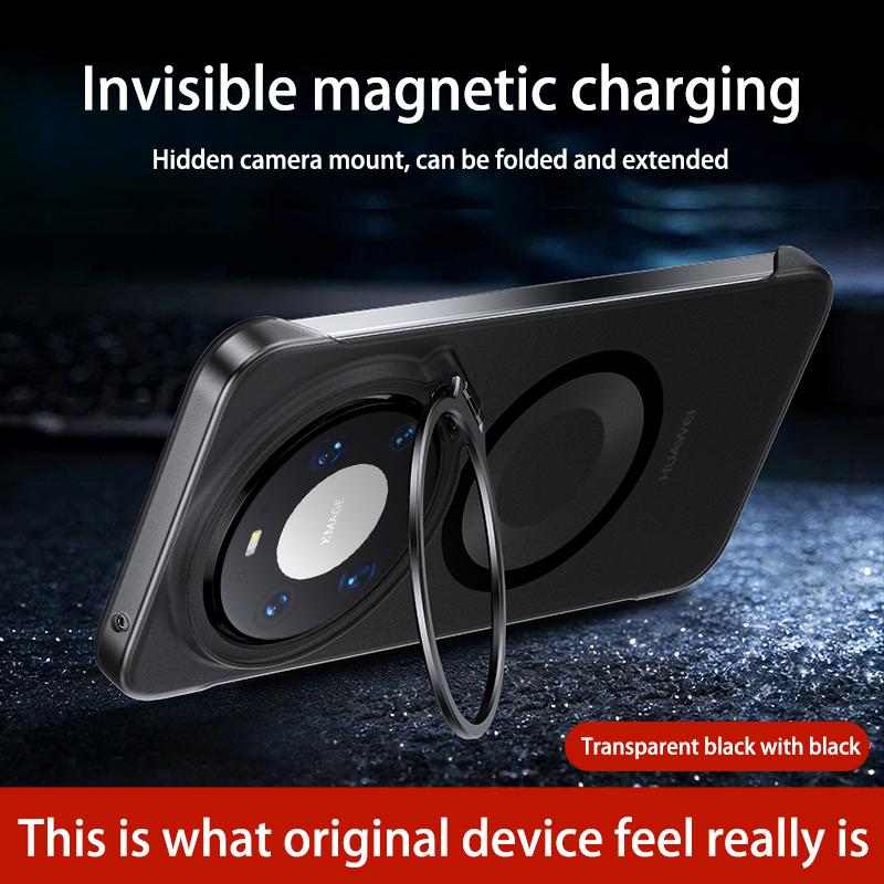 Frameless for Magsafe Magnetic Phone Case Huawei Mate 60 70 80 Pro Max + Lens Stand Holder Transparent Protective Back Cover