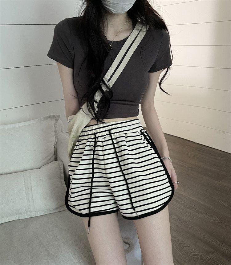 Women's High Waist Black & White Striped Summer Sports Shorts - Slimming A-Line Wide Leg Design