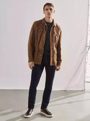 Casual Men's Brown Suede Leather Shirt Flap Pocket Genuine Soft Leather Jacket