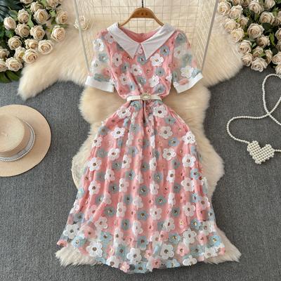 Summer Women Luxury Sequined Flower Sweet Mesh Party Dresses with Diamonds Belt
