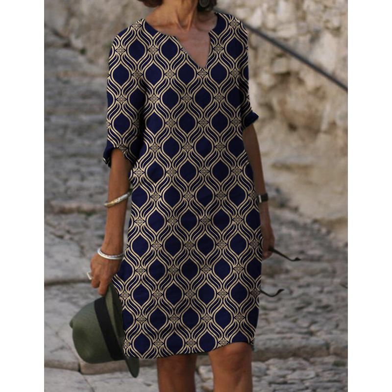 Elegantní vintage pruhované tištěné šaty pro dámské oblečení Podzimní volné ležérní midi šaty s V-výstřihem Dámské šaty Oversized