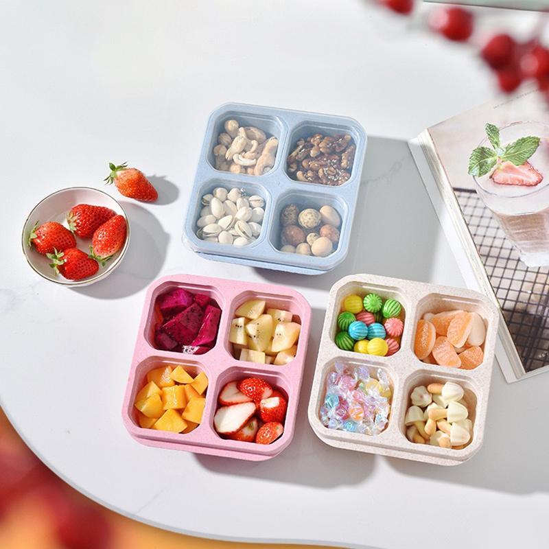 Quadratische Trenn-Bento-Box Wiederverwendbarer 4-Fächer-Lebensmittelbehälter Snack-Nüsse Mit Deckel Weizenstroh-Lunchbox Küchenzubehör