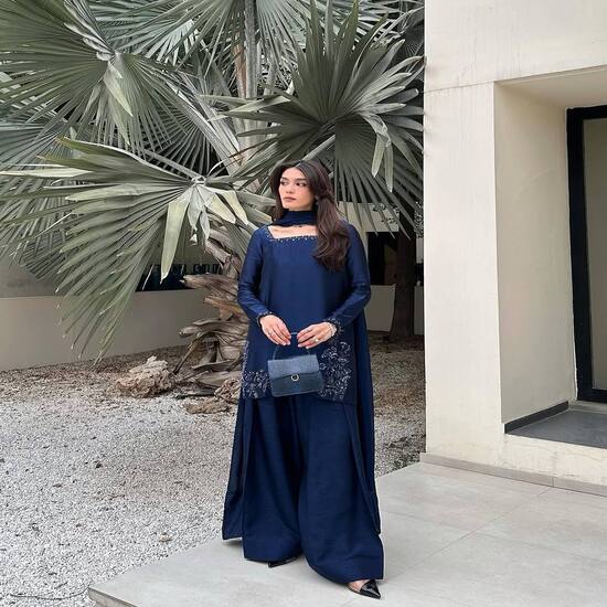 Elegant Navy Blue Kurti with Palazzo and Embroidered Hem