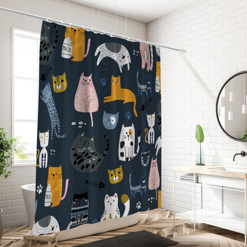 1pc Cartoon Cat Printed Waterproof Shower Curtain, Shower Partition Hanging Curtain with 12 Hooks for Easy Installation