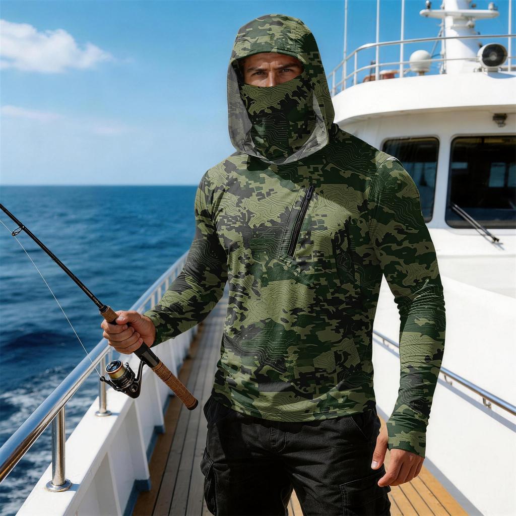 Men's Casual Camouflage Print Hooded Long Sleeve Sun Protection Shirt Lightweight Breathable Outdoor Sports Top with Zipper Pocket