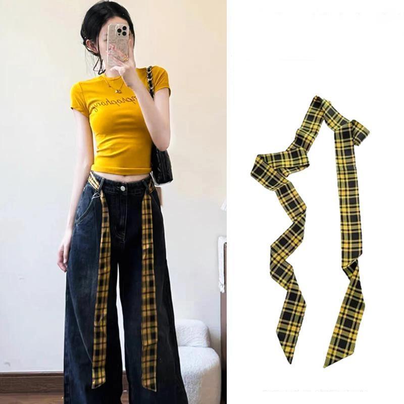 

Длинный Узкий Клетчатый Пояс на Талию с Джинсами Галстук Шарф Декоративный Аксессуар Индивидуальность Трендовая Повязка для Волос Модный Аксессуар